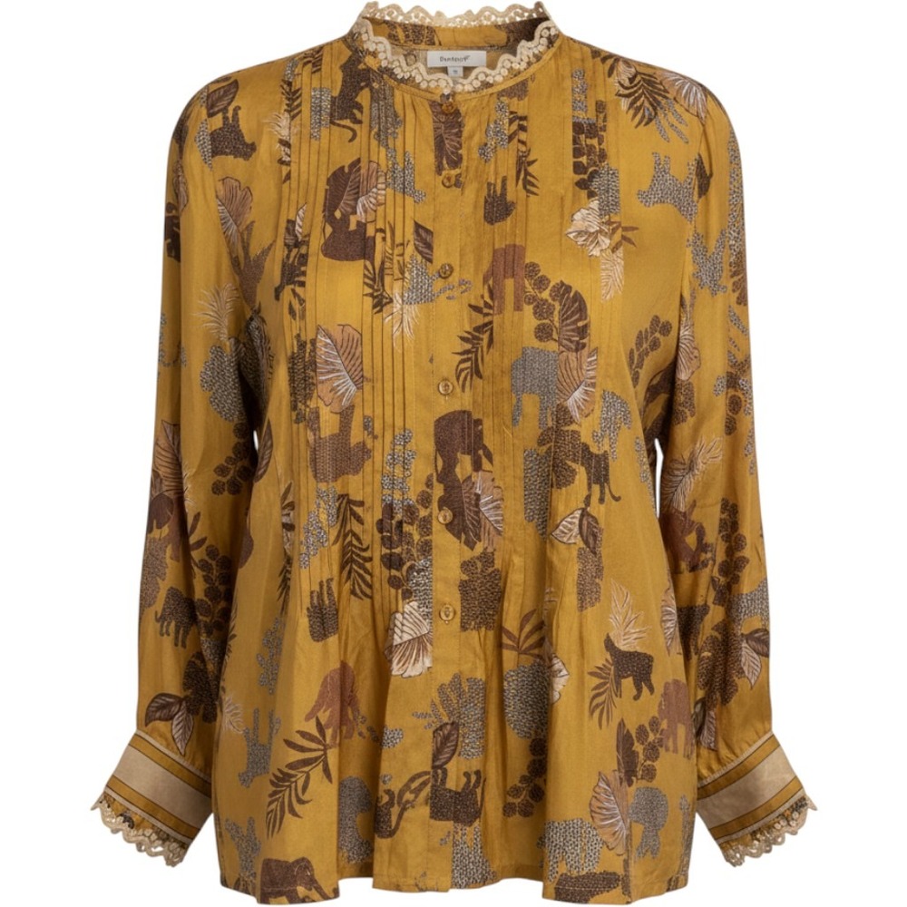 Johnny Was Silk Blouse Yellow Jungle Animal Leopard Print Pintuck Lace Trim L